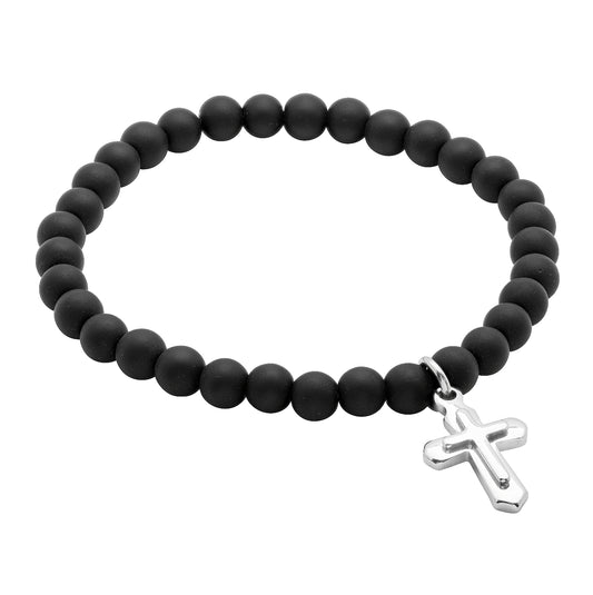 Stainless Steel Unisex Black Beads Cross Religious Stretchable Bracelet