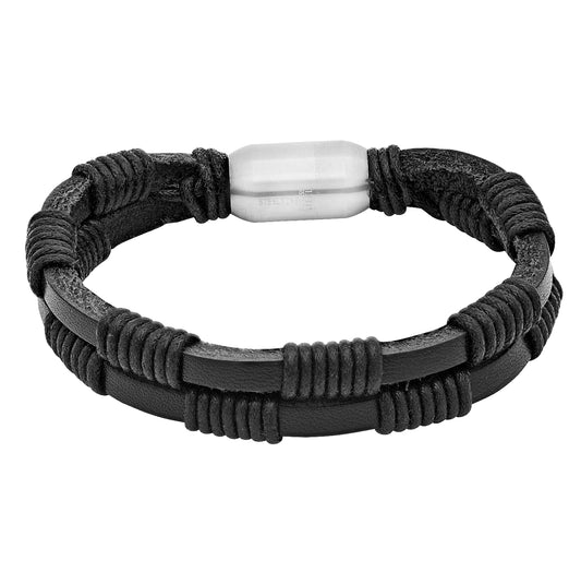Stainless Steel Mens Black Leather With Magnetic Clasps Bracelet