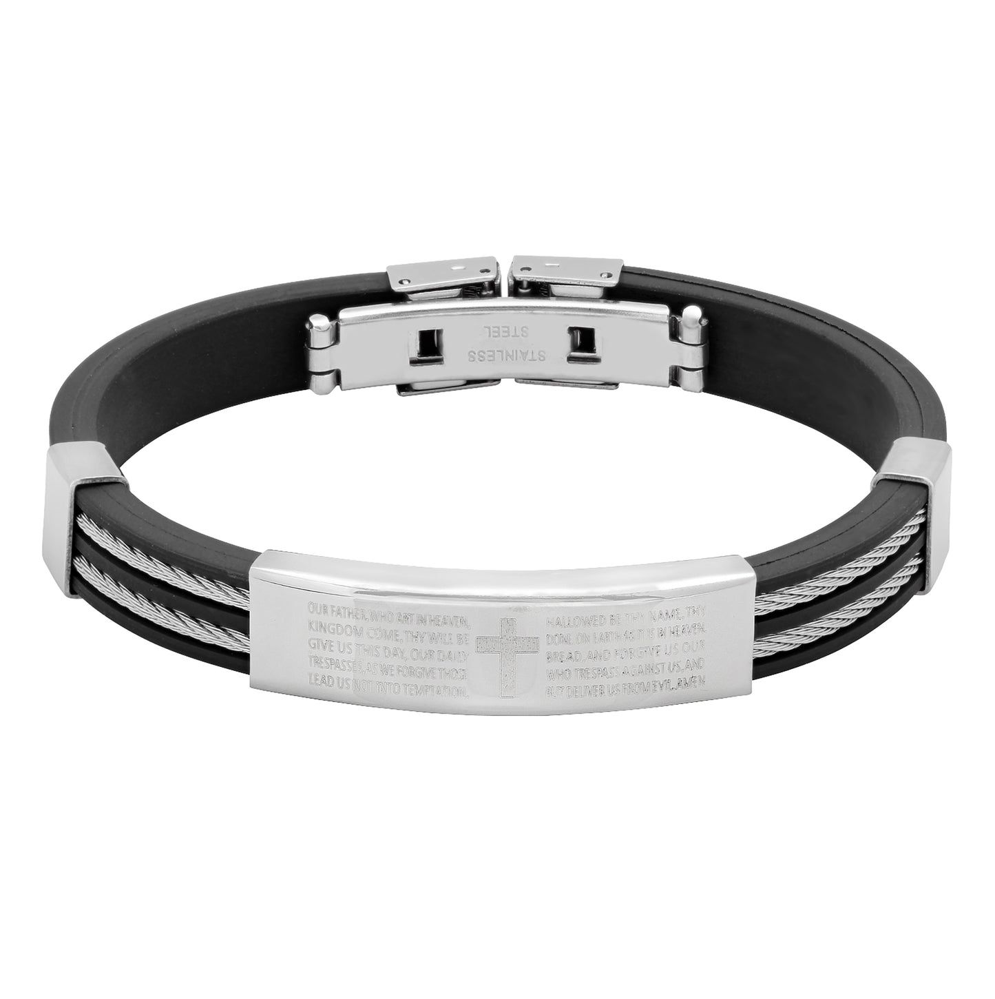 Stainless Steel Mens Black Rubber Double Cable Rope Inlay Bible Lords Prayer Cross Bracelet 