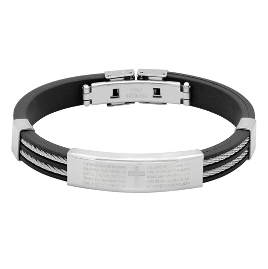 Stainless Steel Mens Black Rubber Double Cable Rope Inlay Bible Lords Prayer Cross Bracelet 