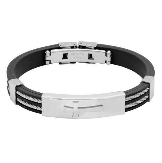 Stainless Steel Mens Black Rubber Double Cable Rope Inlay Cross Bracelet