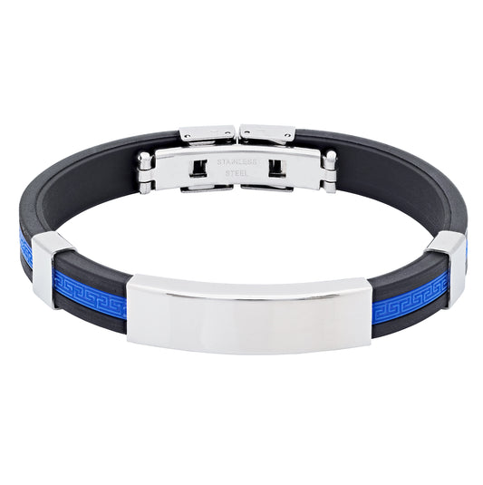 Stainless Steel Mens Black Rubber Cuff Blue Center Stripe Bangle Bracelet