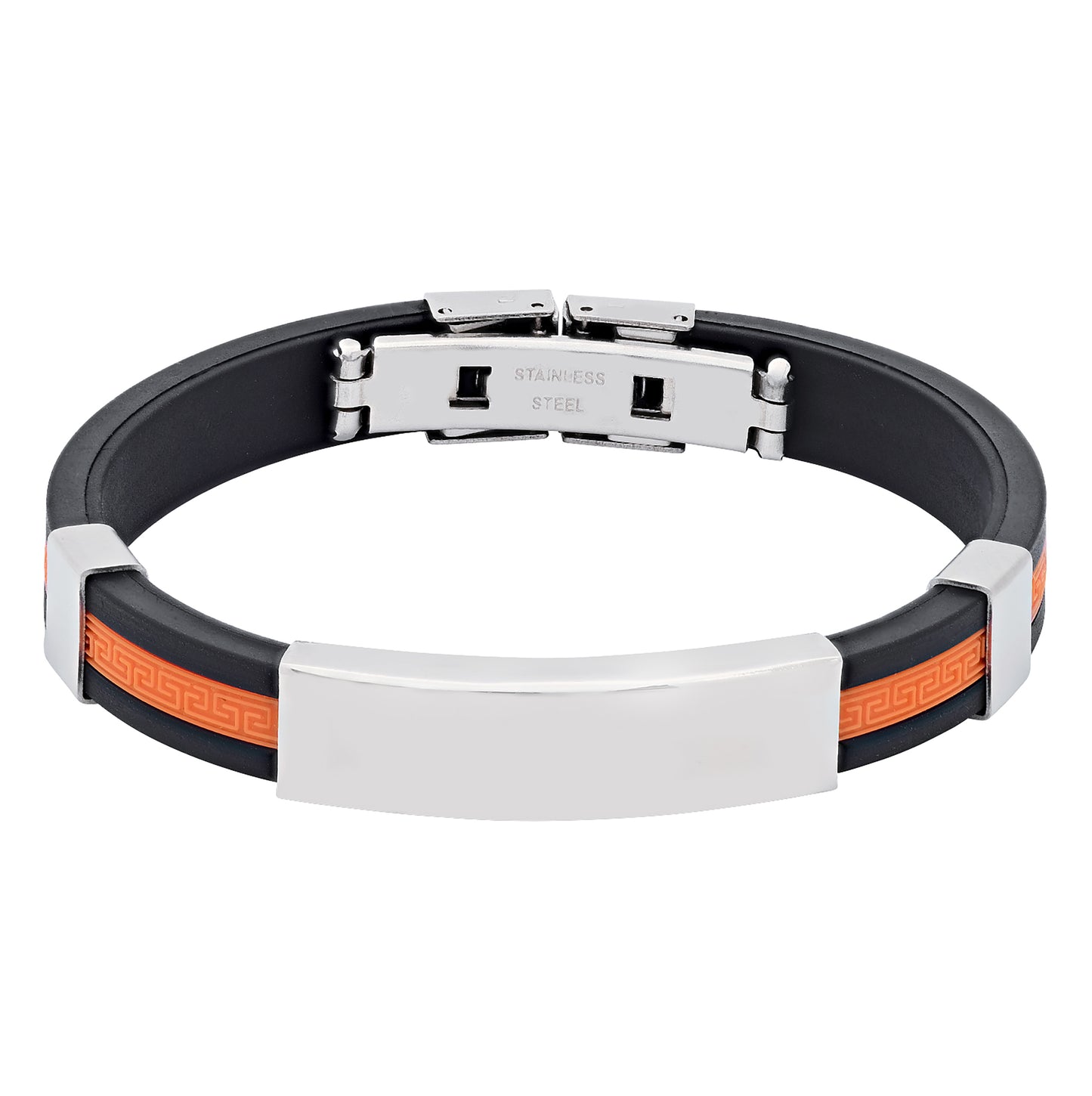 Stainless Steel Mens Black Rubber Cuff Orange Center Stripe Bangle Bracelet 