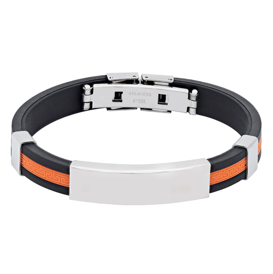 Stainless Steel Mens Black Rubber Cuff Orange Center Stripe Bangle Bracelet 