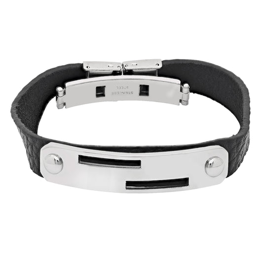Stainless Steel Black Leather Mens Fashion Bracelet