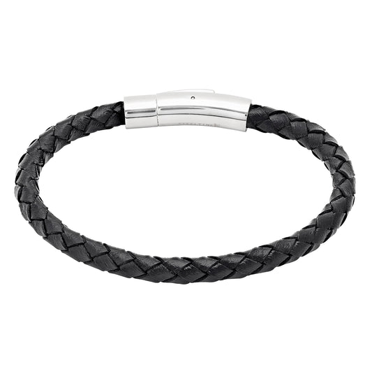 Stainless Steel Mens Unisex Braided Black Leather With Magnetic Clasps Bracelet