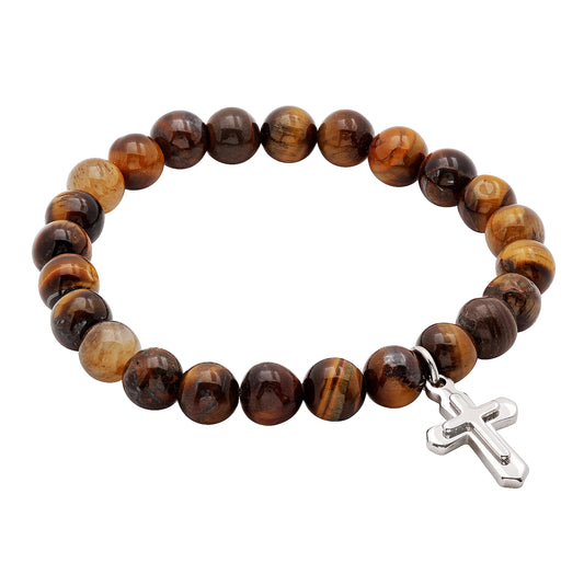 Stainless Steel Unisex Brown Beads Cross Religious Stretchable Bracelet