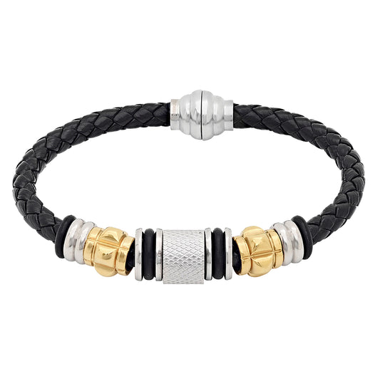 Stainless Steel Yellow-tone Mens Braided Black Leather Fashion Bracelet