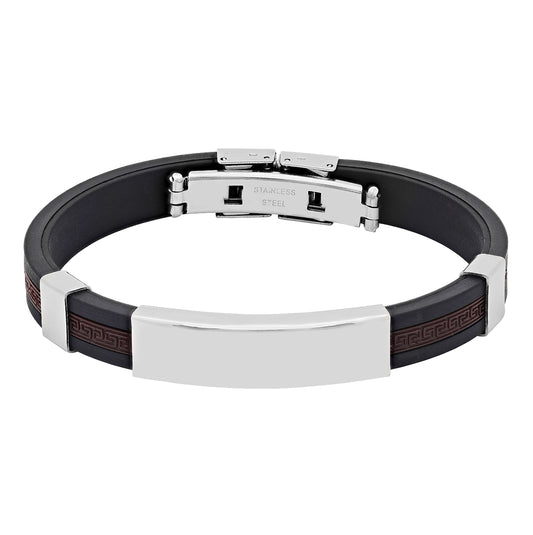 Stainless Steel Mens Black Rubber Cuff Brown Center Stripe Bangle Bracelet