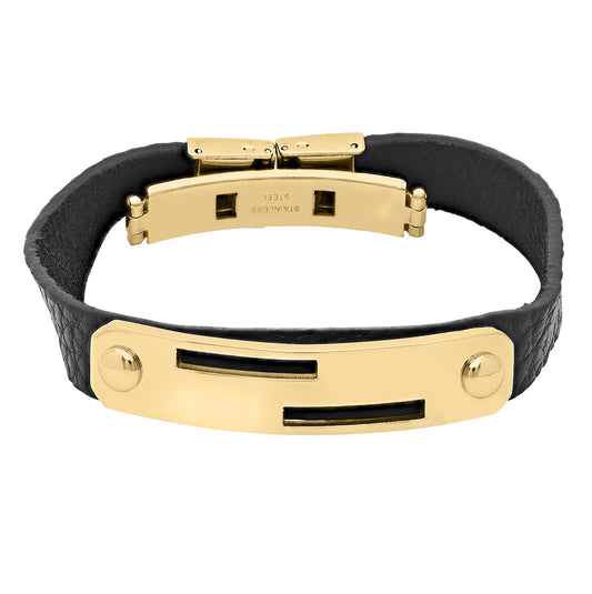 Stainless Steel Yellow-tone Black Leather Mens Fashion Bracelet