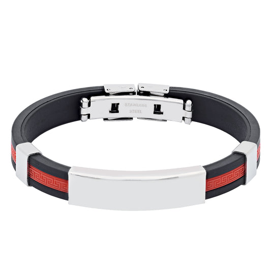 Stainless Steel Mens Black Rubber Cuff Red Center Stripe Bangle Bracelet