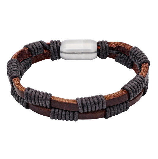 Stainless Steel Mens Brown Leather With Magnetic Clasps Bracelet