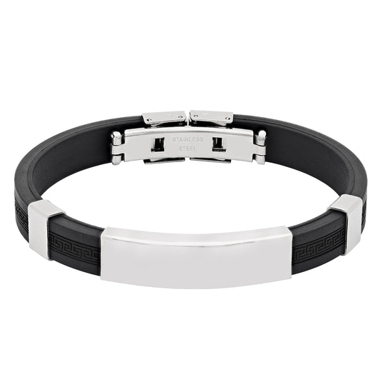 Stainless Steel Mens Black Rubber Customized Engraving Cuff Bangle Bracelet 
