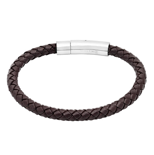 Stainless Steel Mens Unisex Braided Brown Leather With Magnetic Clasps Bracelet