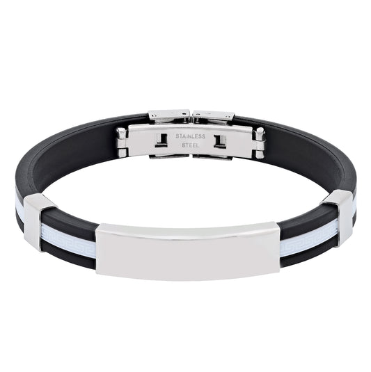 Stainless Steel Mens Black Rubber Cuff White Center Stripe Bangle Bracelet