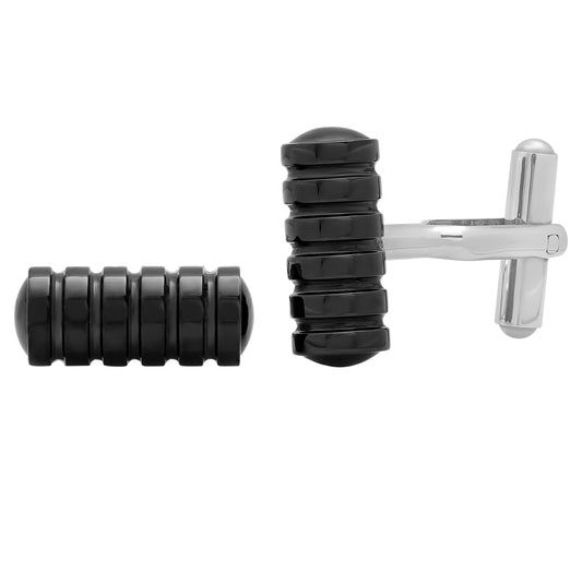 Stainless Steel Mens Black Grooved Cufflinks