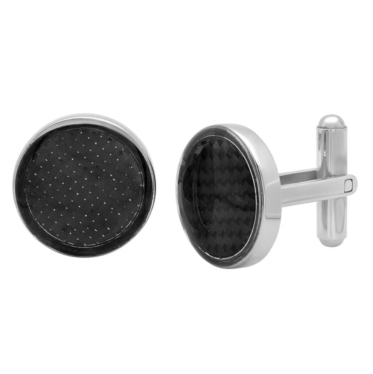 Stainless Steel Mens Round Carbon Fiber Inlay Cufflinks