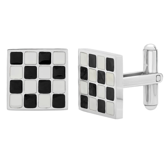Stainless Steel Mens Square Checkered Black Enamel Cufflinks