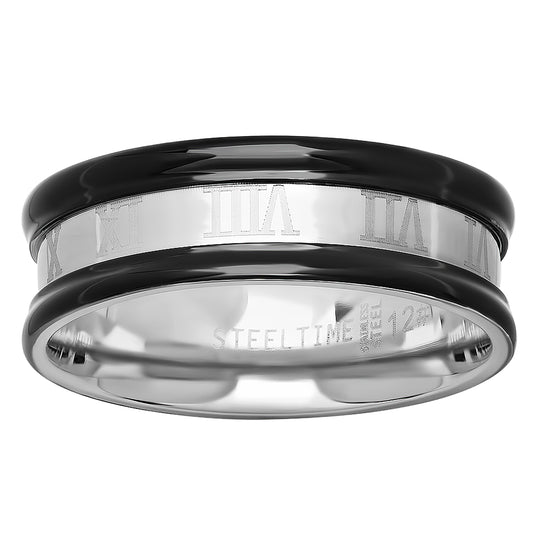 Stainless Steel Mens Two-tone Concave Roman Numbers Black Edges Comfort-fit Fashion Bridal Anniversary Wedding Engagement Band Ring