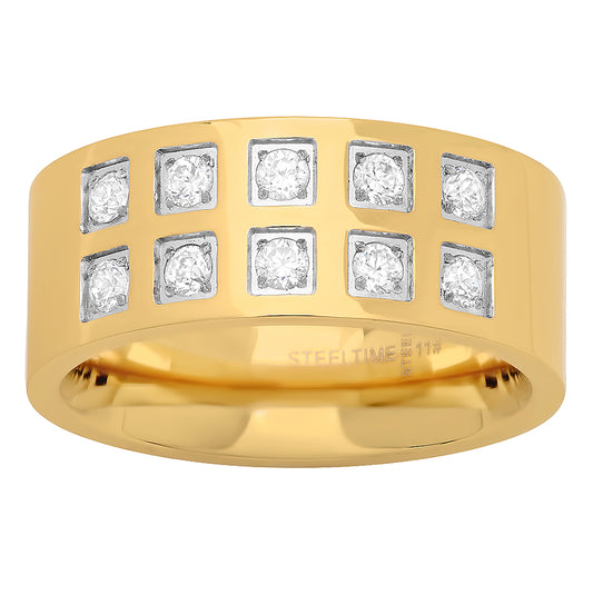 Stainless Steel Yellow-tone Mens Cubic-Zirconia Comfort-fit Fashion Bridal Anniversary Wedding Engagement Band Ring