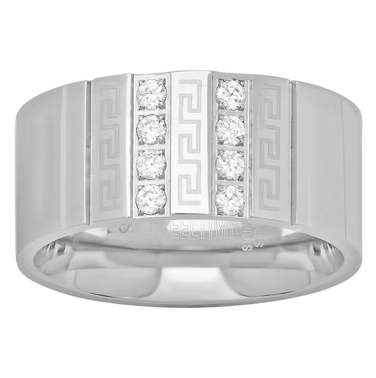 Stainless Steel Mens Cubic Zirconia Double Lines Greek Key Comfort-fit Fashion Bridal Anniversary Wedding Engagement Band Ring