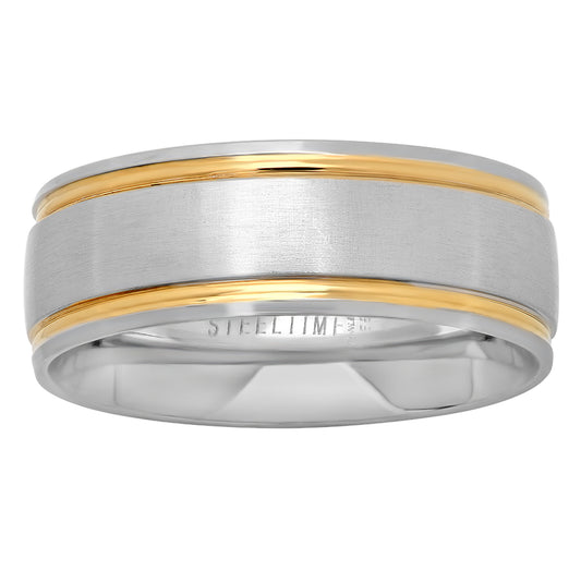 Stainless Steel Mens Two-tone Double Grooved Center Brushed Comfort-fit Fashion Bridal Anniversary Wedding Engagement Band Ring