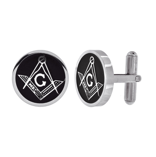 Stainless Steel Mens Round Masonic Black Enamel Cufflinks