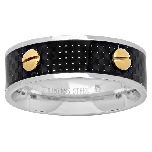 Stainless Steel Mens Yellow Screw Black Carbon Fiber Inlay Sizes 9 - 12 Comfort-fit Fashion Bridal Anniversary Wedding Engagement Band Ring