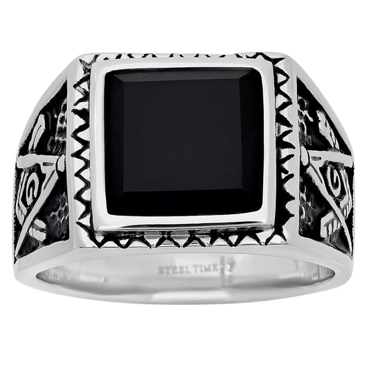 Stainless Steel Mens Black Crystal Masonic Vintage Sizes 9 - 12 Comfort-fit Fashion Bridal Anniversary Wedding Engagement Band Ring