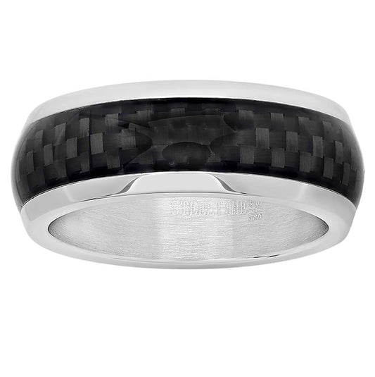 Stainless Steel Mens Black Carbon Fiber Inlay Sizes 9 - 12 Comfort-fit Fashion Bridal Anniversary Wedding Engagement Band Ring