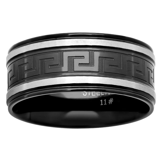 Stainless Steel Mens Two-tone Greek Key Pattern Center Black Comfort-fit Fashion Bridal Anniversary Wedding Engagement Band Ring