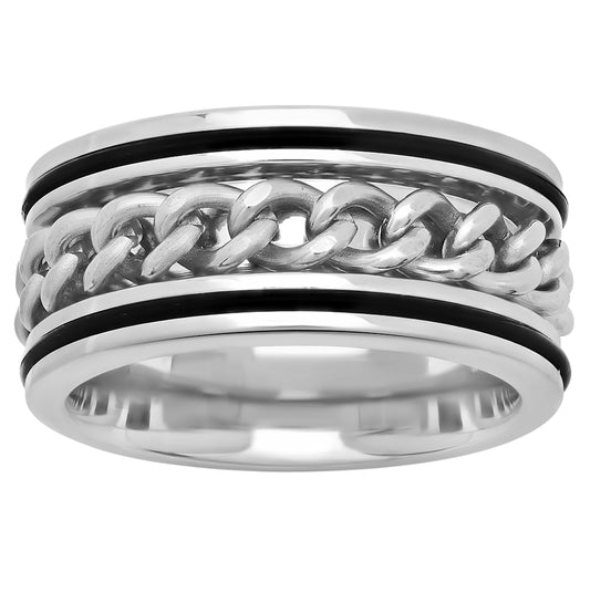 Stainless Steel Mens Two-tone Center Cuban Chain Inlay Double Black Lines Comfort-fit Band