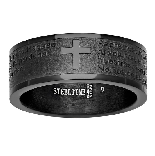 Stainless Steel Mens Two-tone Black Padre Nuestro Prayer Sizes 9 - 12 Comfort-fit Fashion Bridal Anniversary Wedding Engagement Band Ring