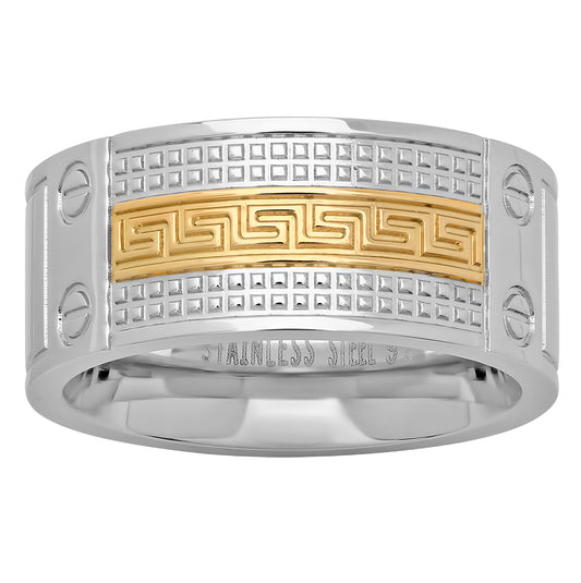 Stainless Steel Yellow-tone Mens Greek Key Pattern Comfort-fit Fashion Bridal Anniversary Wedding Engagement Band Ring