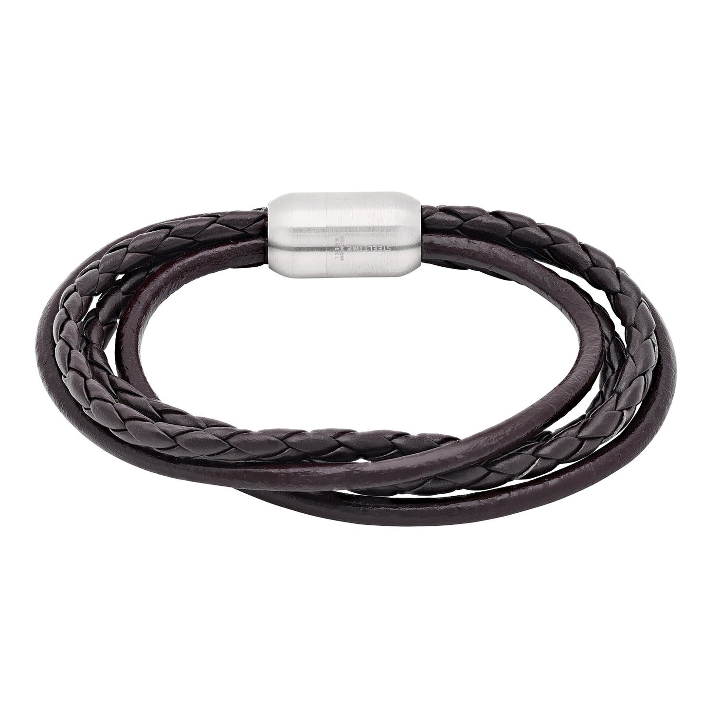 Stainless Steel Mens Leather Dark Brown Multistrand Braided Wristband With Magnetic Clasps Bracelet