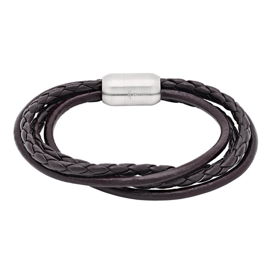 Stainless Steel Mens Leather Dark Brown Multistrand Braided Wristband With Magnetic Clasps Bracelet
