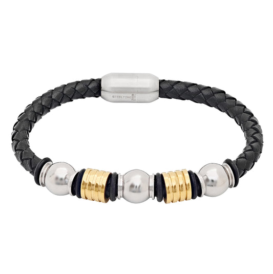 Stainless Steel Mens Two-Tone Braided Black Leather With Magnetic Clasp Bracelet