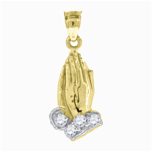 10K Two-Tone Gold Unisex Cubic Zirconia Cubic-Zirconia Praying Hands Religious Charm Pendant