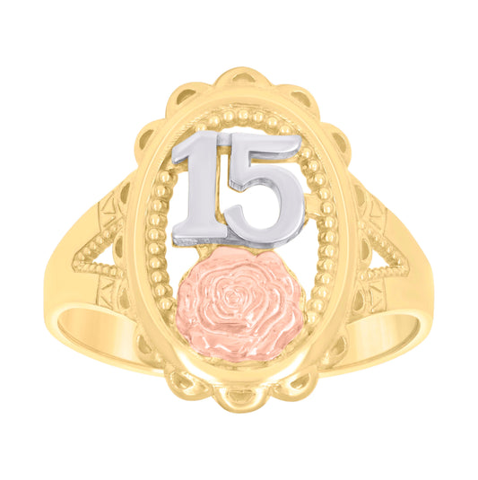 10K Tri-Color Gold Womens Diamond Cut 15 Anos Oval Engagement Ring