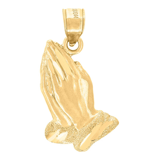 10K Yellow Gold Unisex Diamond-Cut Textured Praying Hands Religious Charm Pendant
