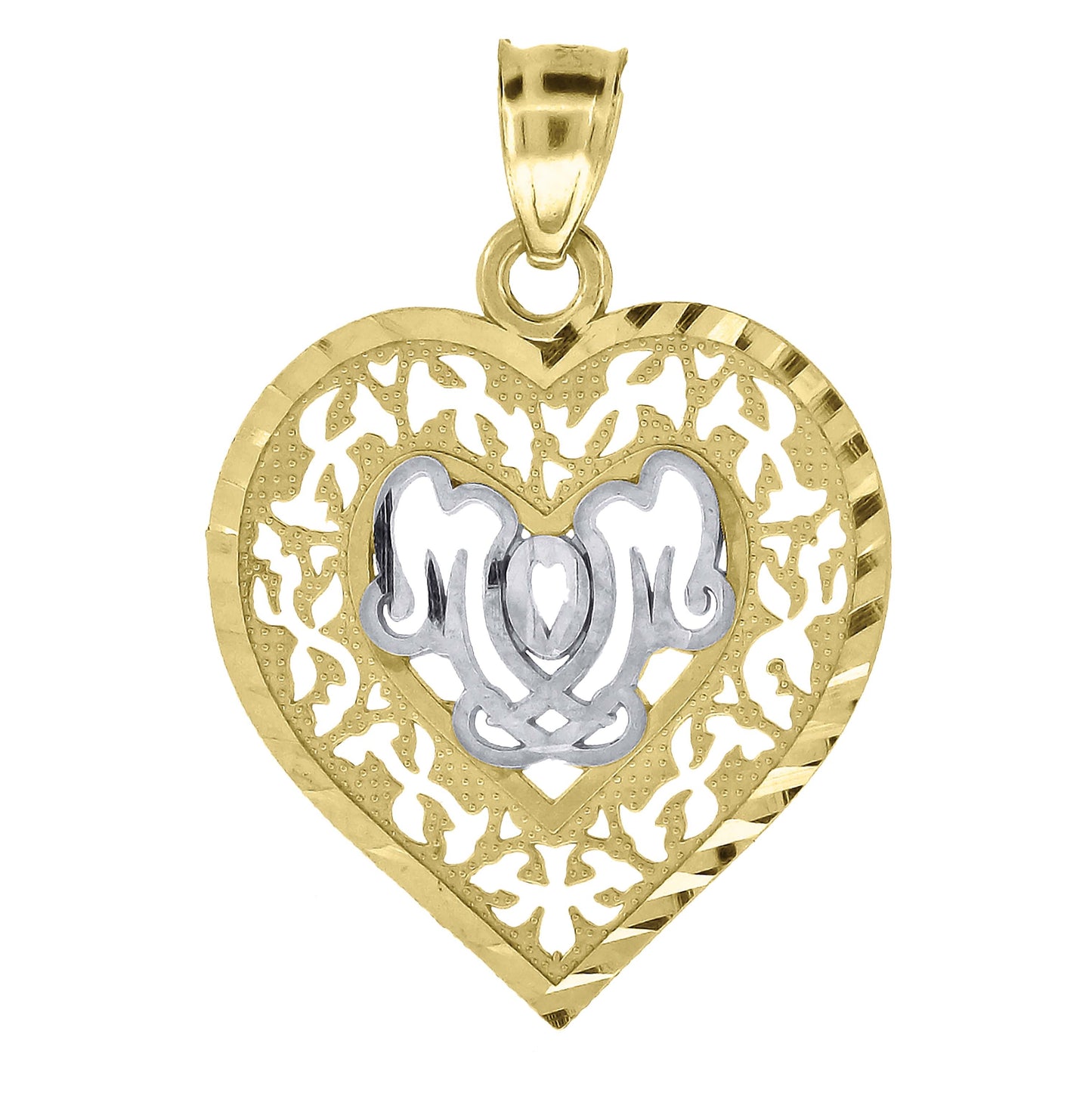 10K Gold Two-Tone Diamond-Cut Womens Mom Heart Charm Pendant