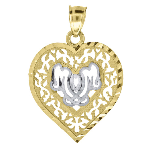10K Gold Two-Tone Diamond-Cut Womens Mom Heart Charm Pendant