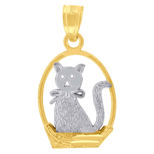 10K Gold Two-Tone Diamond-Cut Womens Cat Basket Animal Charm Pendant