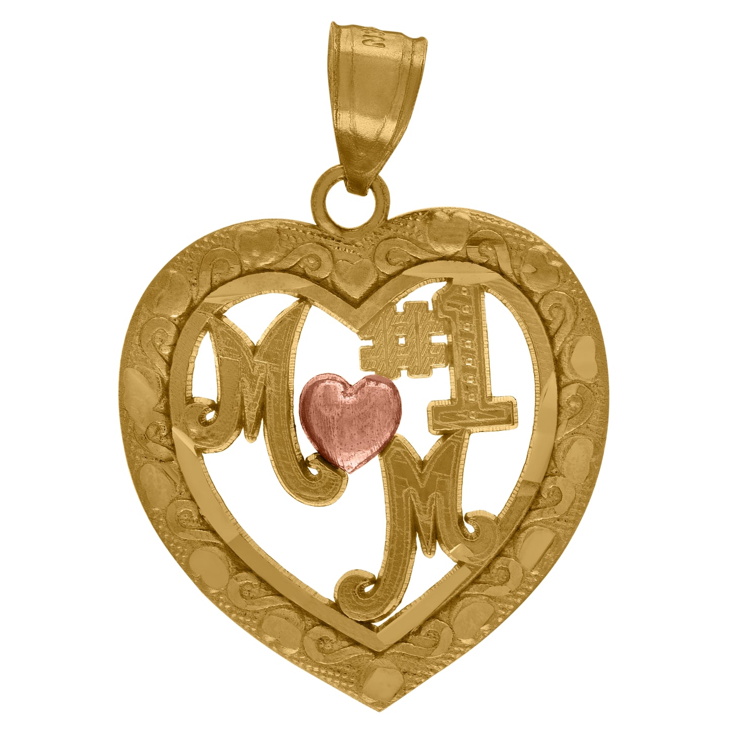 10K Two-Tone Gold Womens Textured #1 Mom Heart Charm Pendant