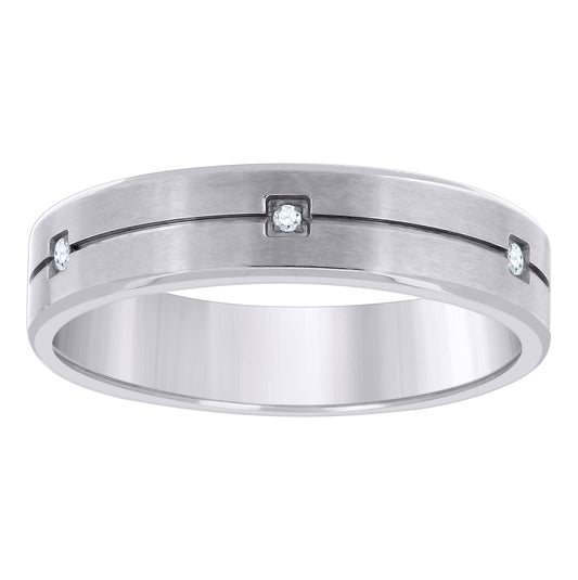 Stainless Steel Men's Cubic Zirconia Center Grooved Brushed Comfort-Fit Fashion Bridal Anniversary Wedding Engagement Band Ring