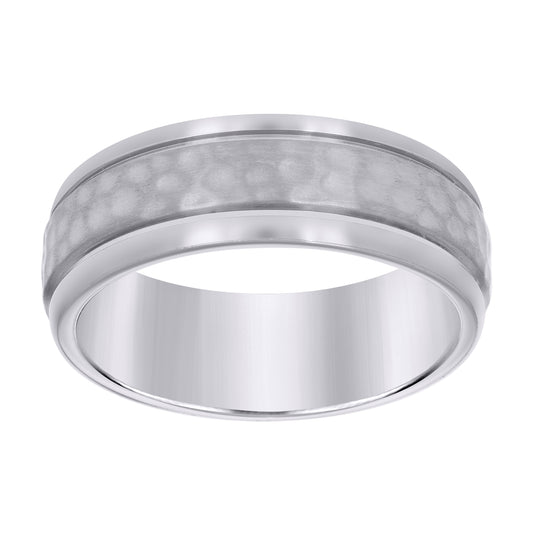 Stainless Steel Mens Double Grooved Center Hammered Comfort-Fit Fashion Bridal Anniversary Wedding Engagement Band Ring