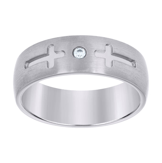 Stainless Steel Mens Cubic Zirconia Cross Brushed Comfort-Fit Fashion Bridal Anniversary Wedding Engagement Band Ring