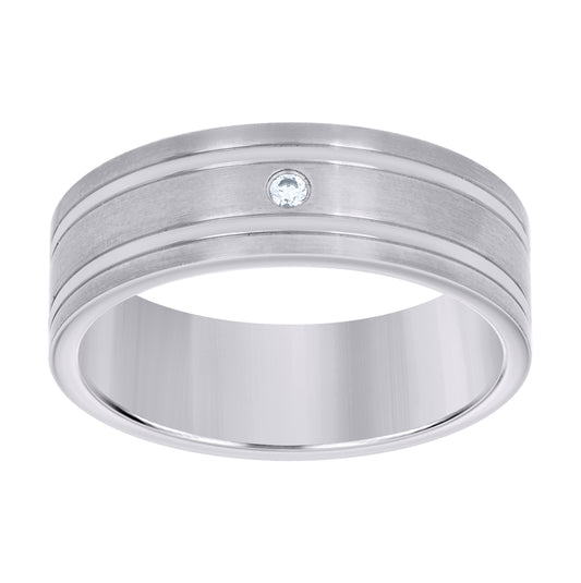 Stainless Steel Mens Cubic Zirconia Double Grooved Brushed Comfort-Fit Fashion Bridal Anniversary Wedding Engagement Band Ring