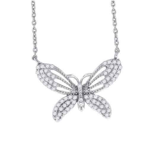 Sterling Silver Women Cubic Zirconia Rolo Link Butterfly Necklace