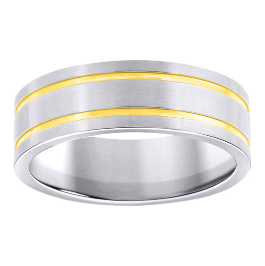 Stainless Steel Mens Two-Tone Double Grooved Brushed Comfort-Fit Fashion Bridal Anniversary Wedding Engagement Band Ring